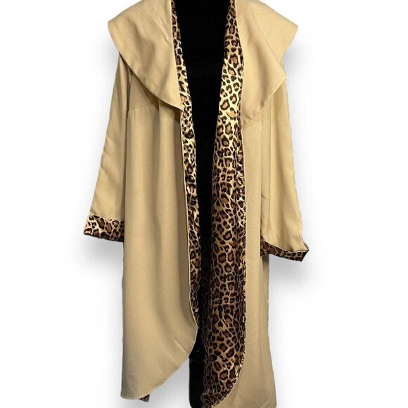 Allison Woods Open Front Jacket Overcoat Womens 16 W Tan Brown Animal Print Chic